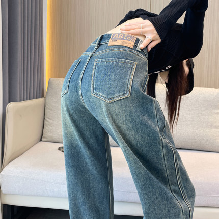 美式复古加绒阔腿牛仔裤女冬季新款高腰加厚宽松直筒窄版拖地裤子