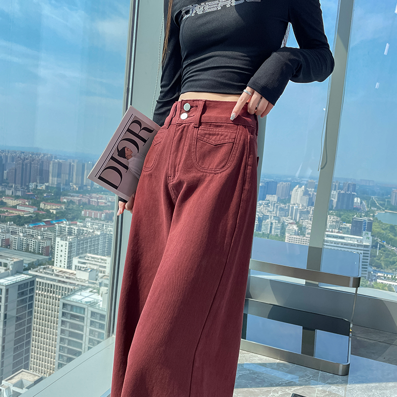 安可拉红阔腿牛仔裤女秋季新款高腰宽松显瘦美式复古梨型直筒长裤
