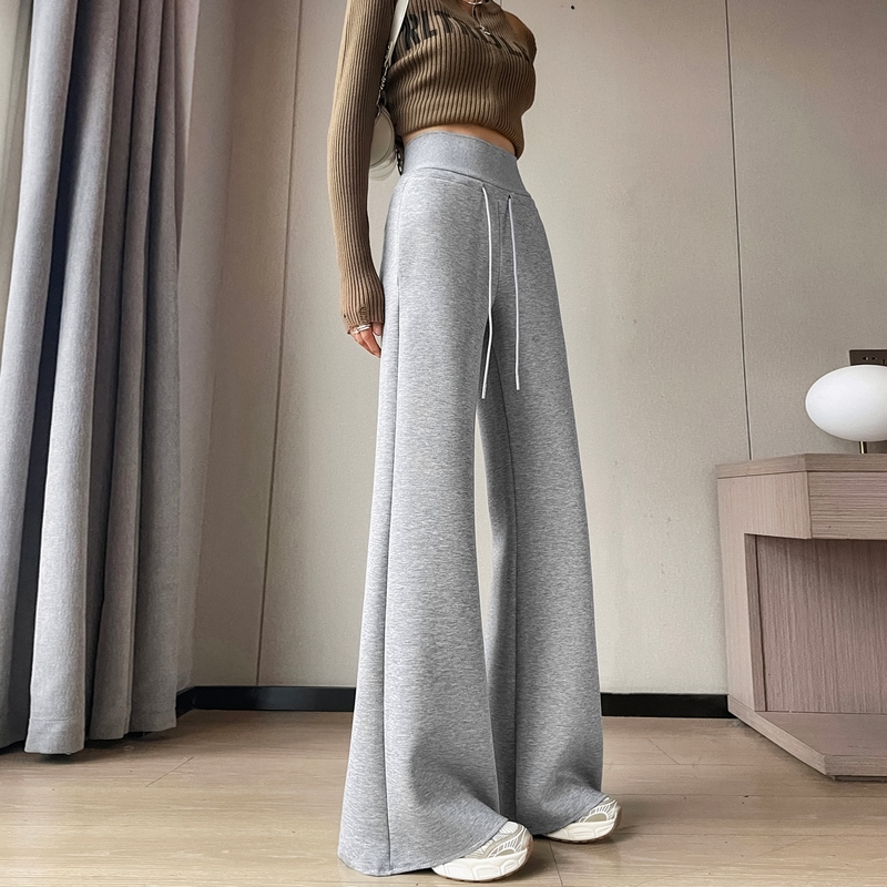加绒灰色阔腿微喇裤女春季新款