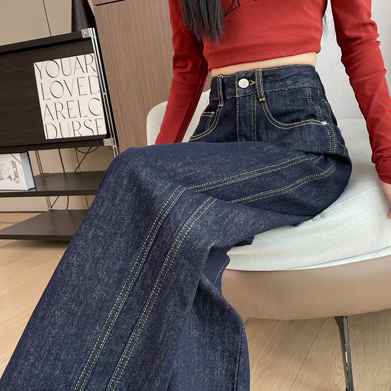 美式深蓝色抓绒阔腿牛仔裤女秋冬