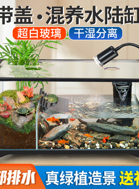 乌龟饲养缸家用生态造景别墅防逃逸水陆两栖缸鱼龟混养超白玻璃缸