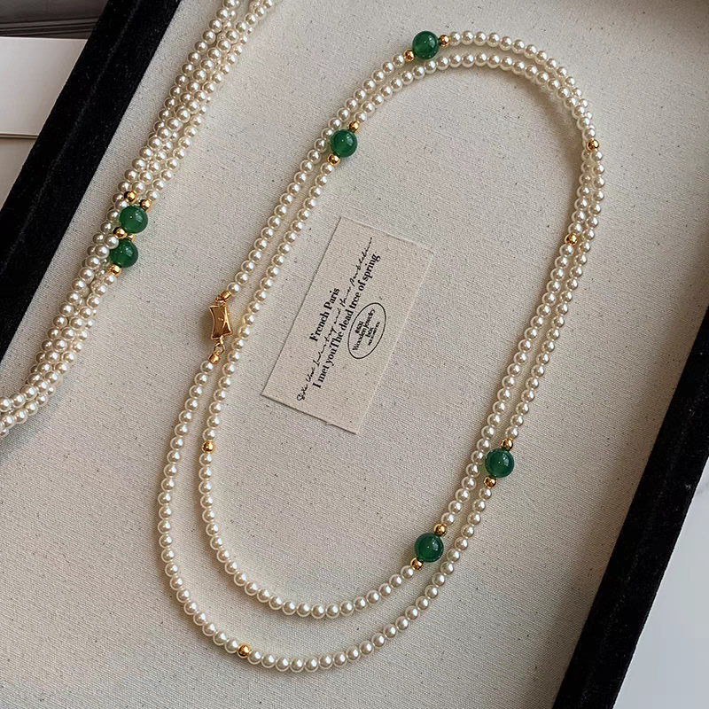 新款家长款珍珠项链女绿玉髓多层