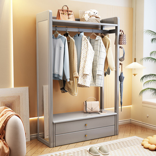 精选落地全实木挂衣架家用卧室带镜子储物简约衣帽架全身镜多功能