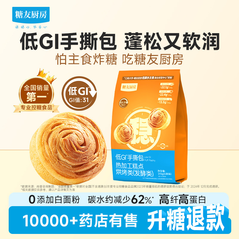 【王黎推荐】糖友厨房低gi手撕面包低糖孕妇人气主食品代早餐专用
