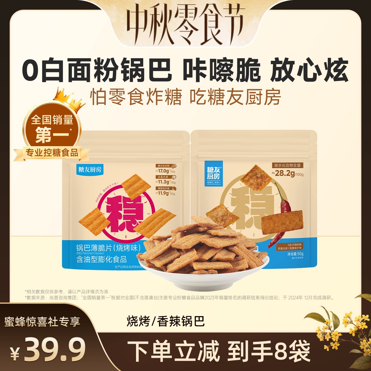 【中秋零食节】糖友厨房高纤锅巴低糖孕妇人气小吃零食品慢烘专用