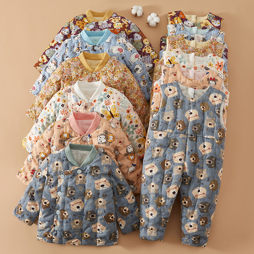 婴幼儿手工纯棉花棉袄背带裤套装