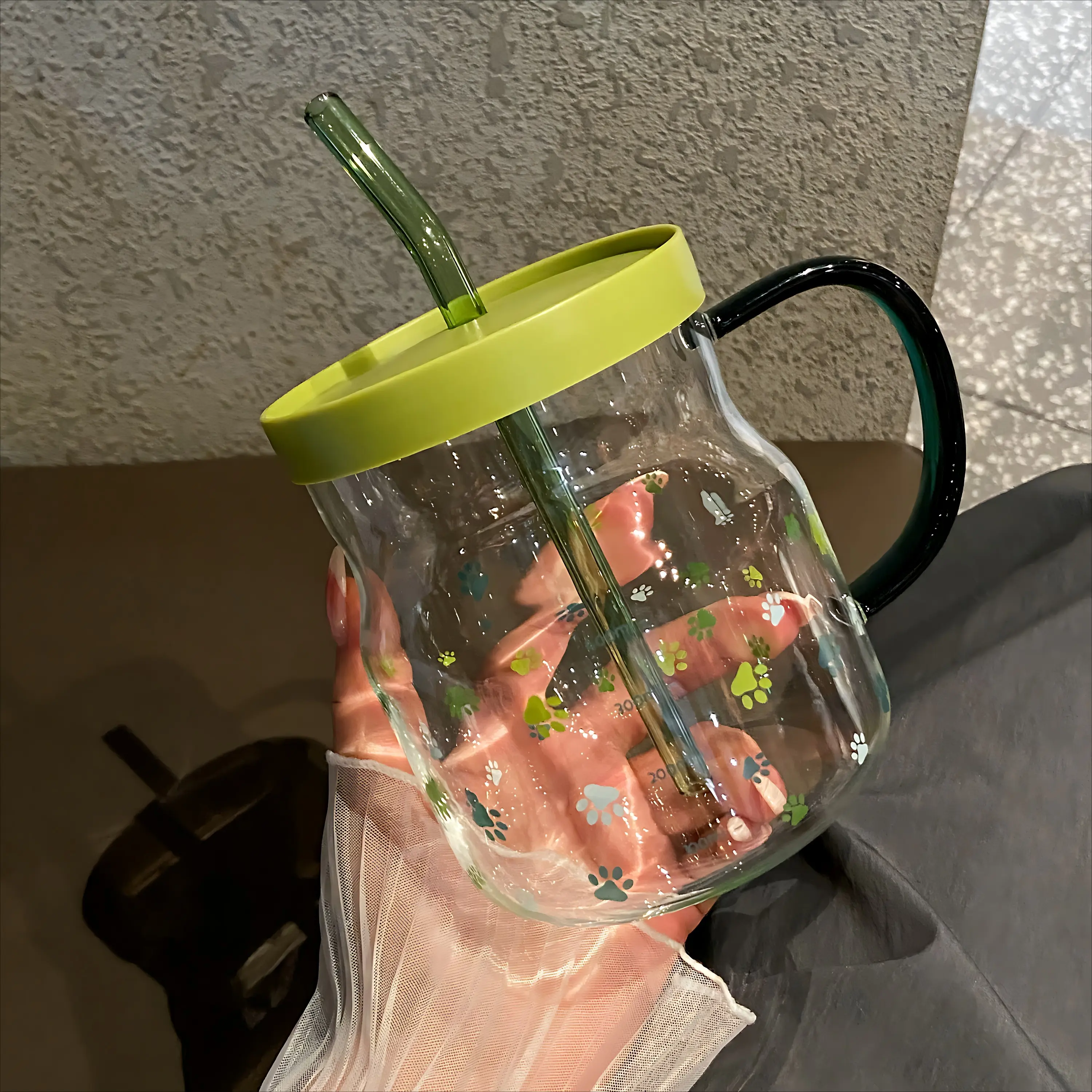 高颜值玻璃杯600ml印花带刻度杯