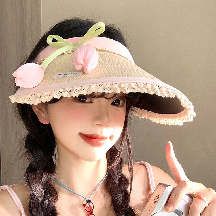 可爱甜美花朵空顶草帽女夏季海边度假风遮阳防晒帽大帽檐太阳帽子