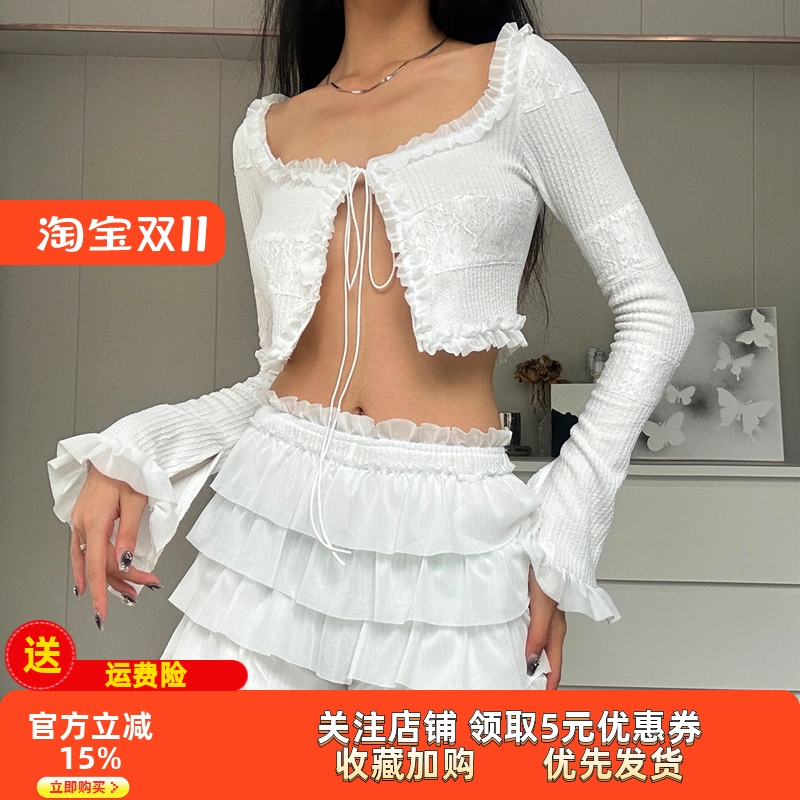 秋冬纯欲风蕾丝花边系带喇叭袖开衫长袖上衣显瘦荷叶边短裤套装女