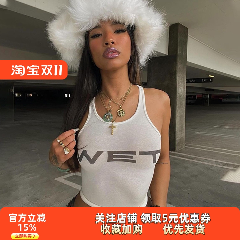 美式酷拽热辣字母印花吊带背心女外穿夏季通勤百搭显瘦短款上衣潮