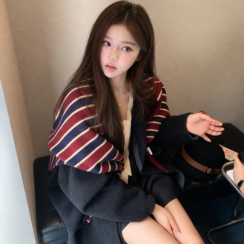 韩系条纹保暖护颈三角巾
