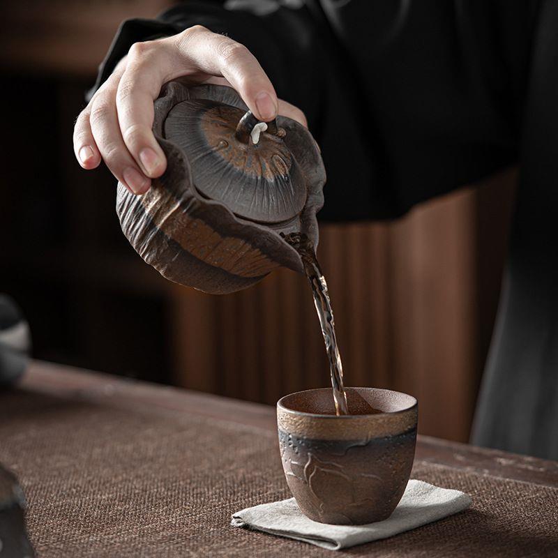 一人独饮茶具菩提手抓壶小号盖碗 日式鎏金铁釉复古粗陶单壶功夫图片