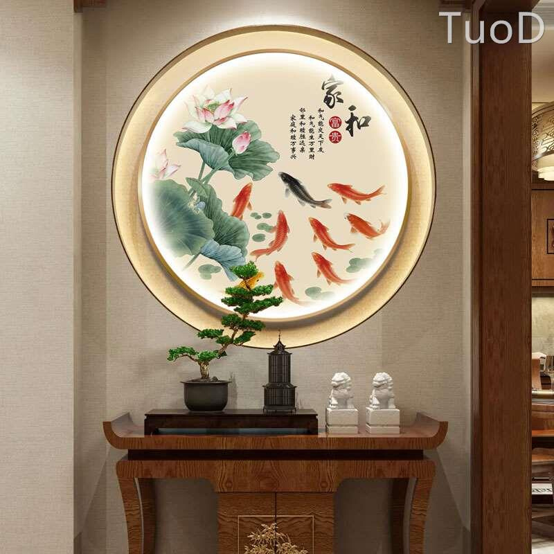 新中式荷花九鱼图带灯装饰画 玄关客厅背景墙圆形LED莲花壁灯挂画图片