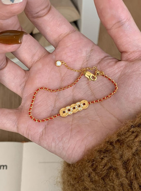 S925银新款设计感古法五帝铜钱币红色手链百搭个性独特高级