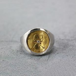 S925银牛钝时尚气质戒指手工射线点钻铜币男女款小众设计
