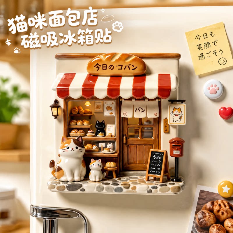 日系治愈花猫小屋磁吸冰箱贴