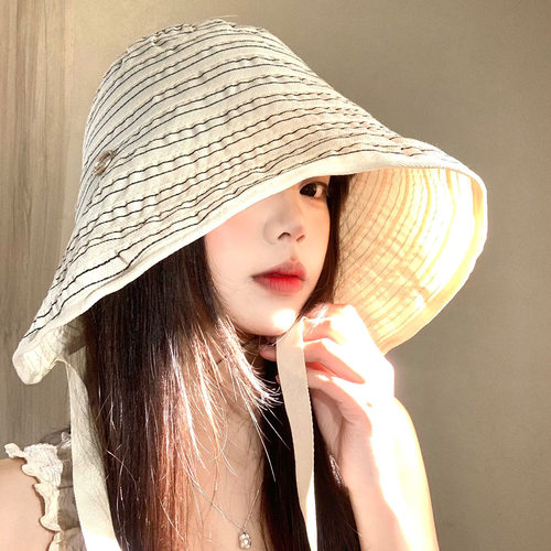 大檐条纹显脸小防晒渔夫帽女款