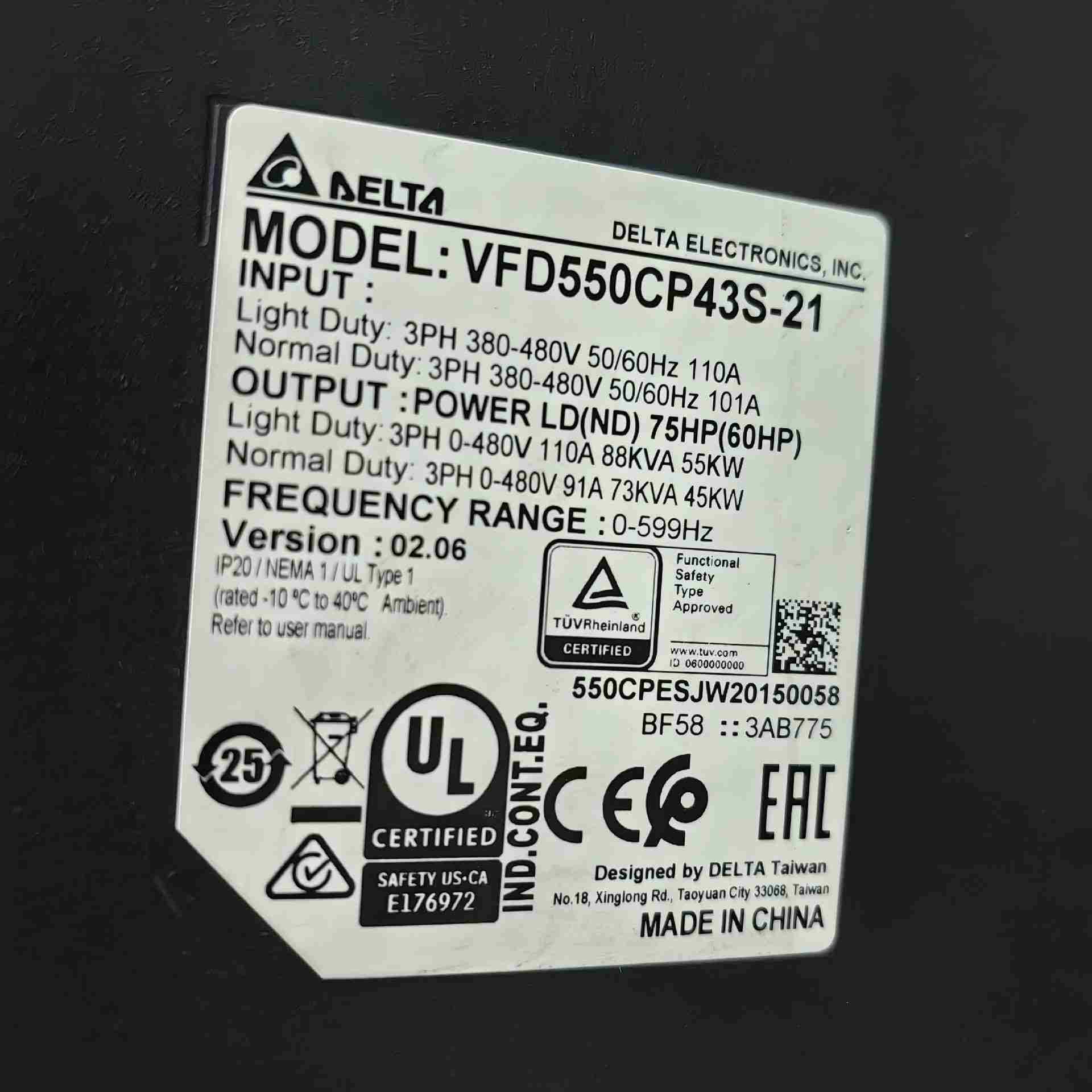 台达55KW变频器VFD550CP43S一21，2020年口，不是实价