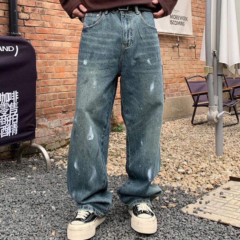 美式高街泼墨水洗浅蓝色牛仔裤