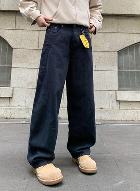 新款潮牌宽松直筒深蓝色水洗牛仔裤男复古个性潮流秋冬款镰刀裤