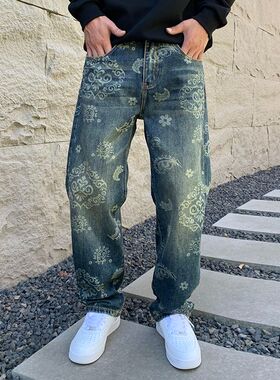 巴黎风潮牌美式复古高街印花刺绣牛仔裤男宽松直筒阔腿拖地长裤子
