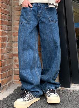 巴黎风A字潮牌牛仔裤反穿主义直筒宽松小众阔腿蓝色