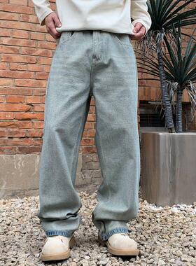 巴黎风同款男女同款个性牛仔蓝男士高街宽松潮牌美式小众直筒长裤