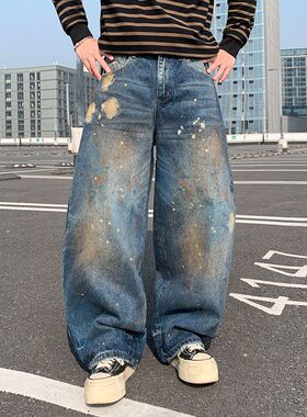 巴黎潮牌美式复古泼墨涂鸦牛仔裤男女baggy宽松阔腿裤街头弯刀裤