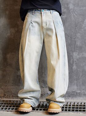 巴黎风潮牌美式复古水洗做旧新款弯刀百搭男女阔腿潮流拖地牛仔裤