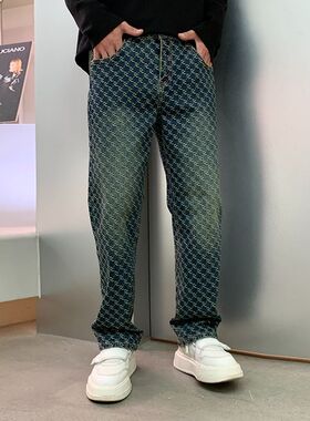 巴黎风潮牌美式复古提花牛仔裤男高街宽松直筒阔腿拖地长裤子