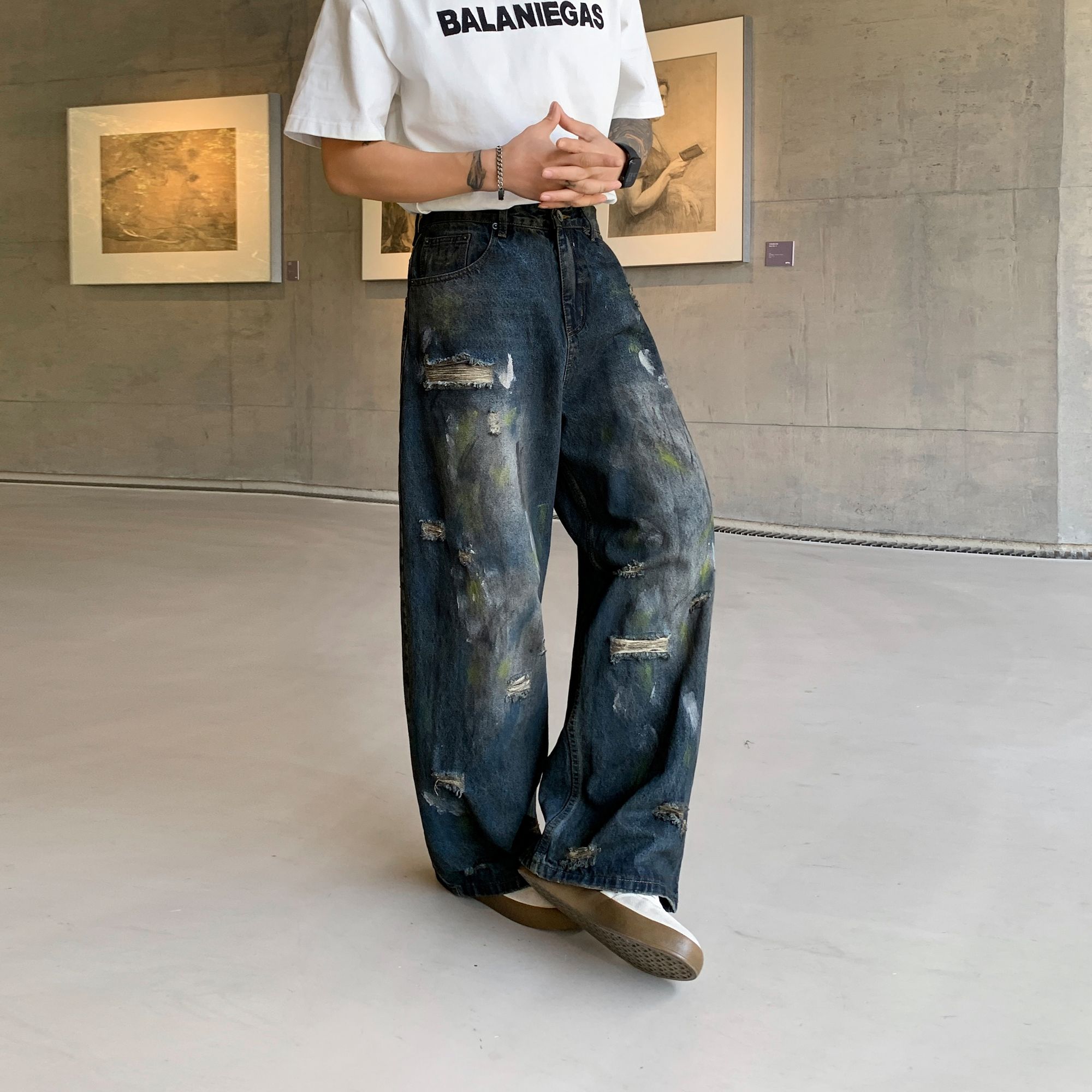 美式街头破洞涂鸦男宽松牛仔裤