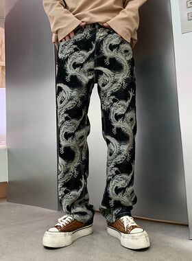 巴黎风潮牌美式复古高街刺绣涂鸦牛仔裤男宽松直筒阔腿拖地长裤子