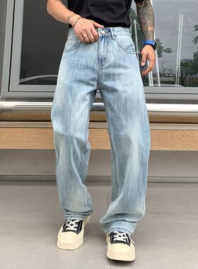 巴黎风潮牌美式复古高街拼接牛仔裤男宽松直筒阔腿痞帅长裤潮流