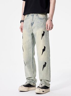 巴黎风潮牌美式复古高街闪电牛仔裤男宽松直筒阔腿痞帅长裤vibe