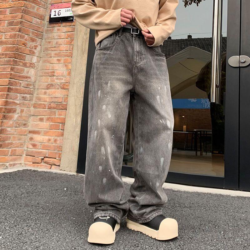 巴黎泼墨牛仔裤男女阔腿A字裤子