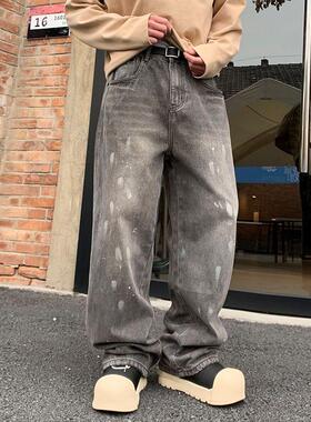 巴黎泼墨牛仔裤男女阔腿A字裤子小众涂鸦做旧复古cleanfit裤高街