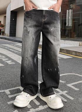 巴黎风美式直筒复古黑色腰带环牛仔裤泼墨宽松休闲长裤