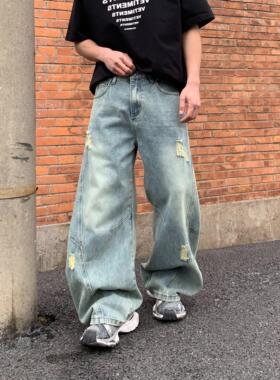 小众设计感阔腿巴黎风潮流裤子美式复古水洗做旧廓形弯刀牛仔裤男