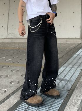 巴黎风潮牌美式复古烫钻满天星牛仔裤男高街宽松直筒阔腿长裤子