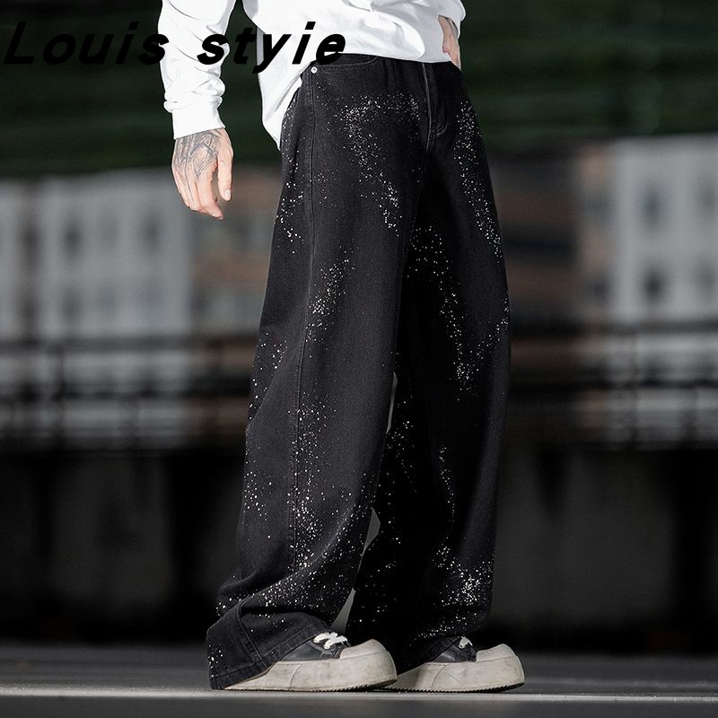 巴黎风潮牌美式复古泼墨男牛仔裤