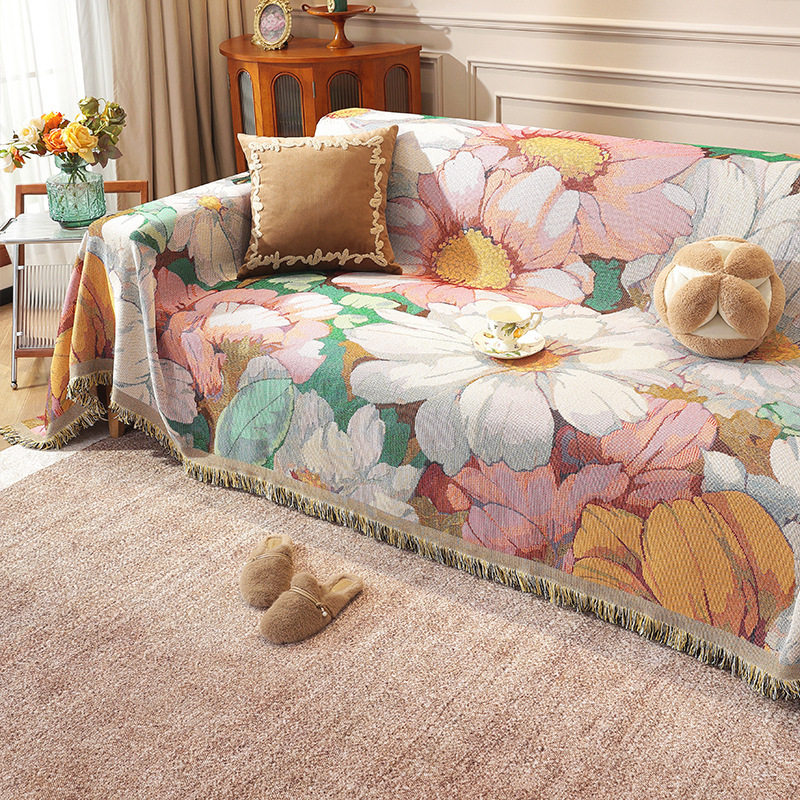 油画花卉轻奢高级复古四季通用一整张全盖套罩仿棉麻沙发盖布巾垫,居家布艺,沙发垫,淘宝优惠券,粉丝福利购,淘宝优惠卷