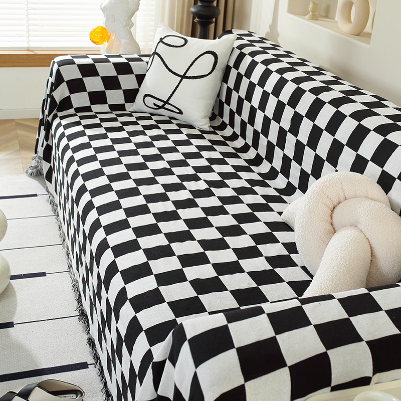 黑白棋盘格沙发垫沙发套罩四季通用简约黑色坐垫防猫抓靠背巾盖布