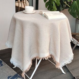 ins风棉麻日式 法式 田园白色桌布茶几布床头柜复古流苏圆桌餐桌布