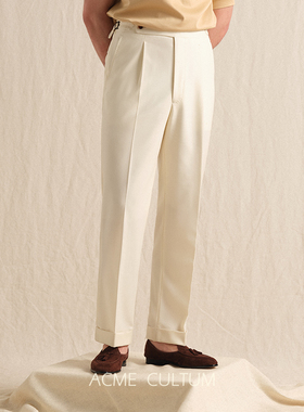 Acme cultum120S精纺羊毛那不勒斯高腰单褶直筒白西裤男垂感长裤