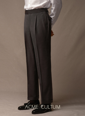 AC120支精纺纯羊毛意式高腰单褶直筒西裤男职业正装商务休闲裤子