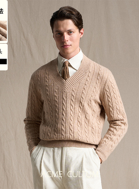 Acme cultum可机洗纯羊毛加厚绞花V领毛衣男复古鸡心领板球针织衫