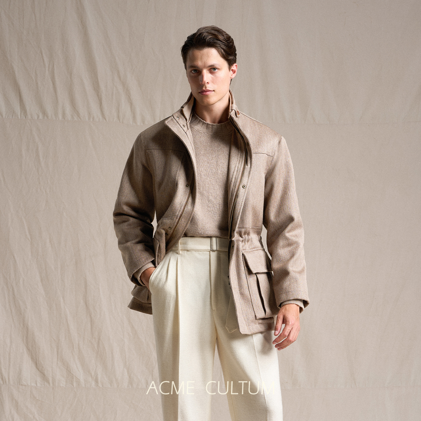 羊毛呢真皮拼接厚款充绒滑雪夹克