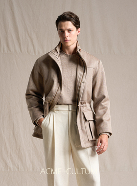 Acme cultum羊毛呢斜纹真皮拼接厚款立领充绒滑雪夹克男保暖外套