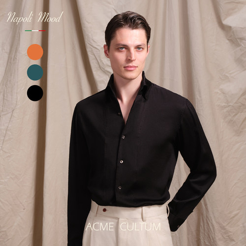 桑蚕丝手工一片领长袖衬衫