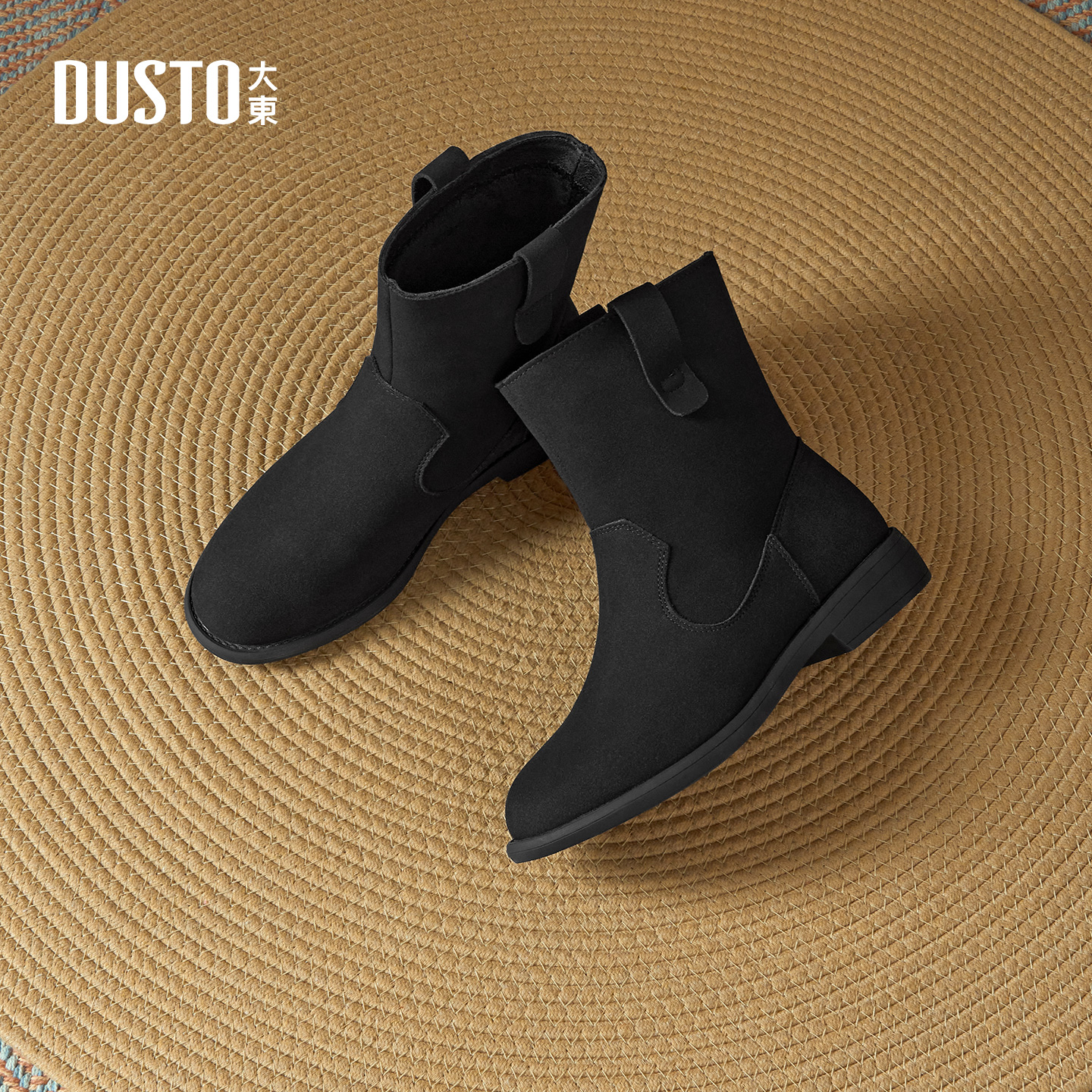 大东黑色短靴女款2025冬季新款百搭女靴绒面裸靴瘦瘦靴子马丁靴女